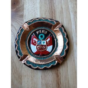 Peru Copper Painted And Decorated Ashtray Souvenir Flag 5" Diameter